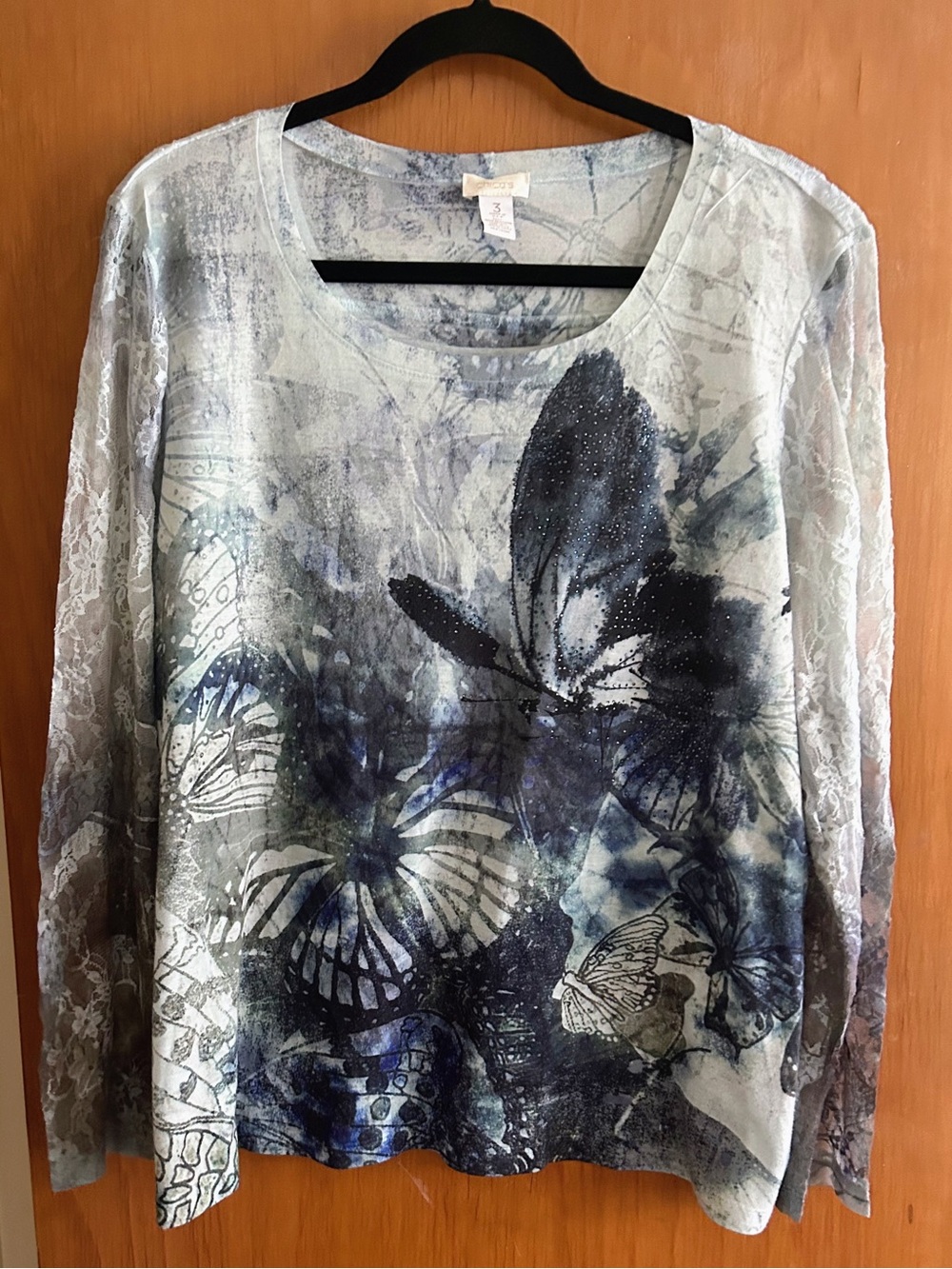 Chico's Lace-Sleeve Butterfly Print Long-Sleeve Top - Blue & Gray